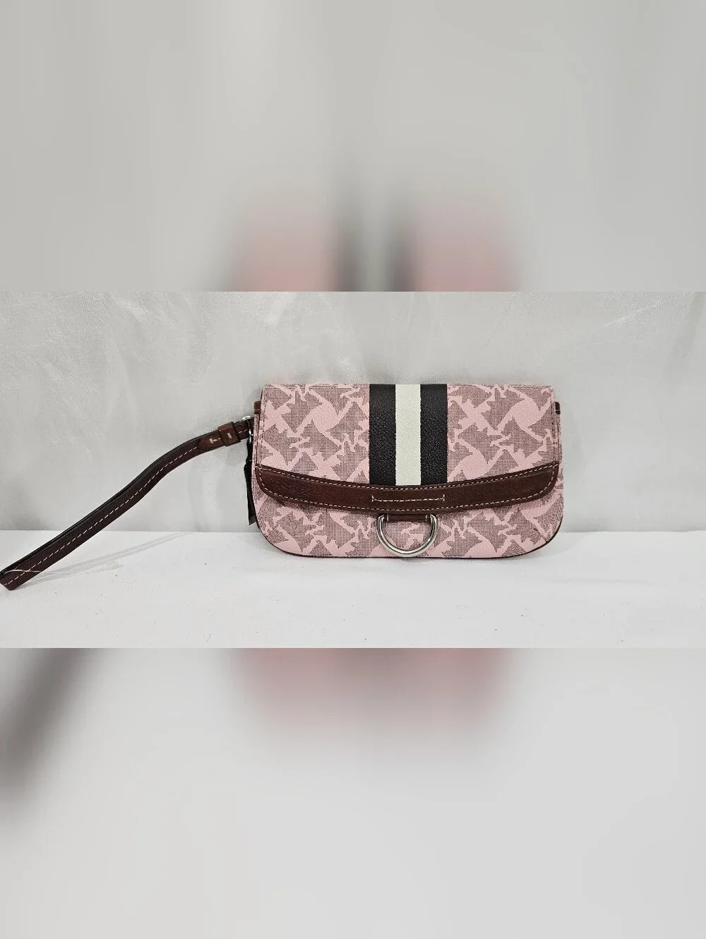 Juicy Couture Pink Logo Wristlet with Brown Trim and Black-White Stripe #299